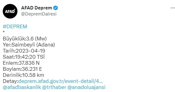 AFAD: Adana'da deprem meydana geldi | 2023 son depremler listesi - 2