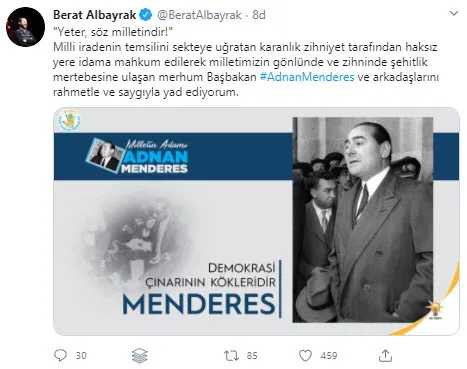 Hazine ve Maliye Bakanı Berat Albayrak'tan 'Adnan Menderes' paylaşımı - 1
