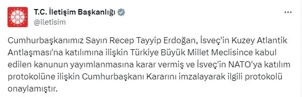 İsveç’in NATO bileti Türkiye’den! TBMM’nin İsveç Kararı Resmi Gazete’de yayımlandı