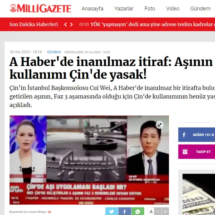 A Haber’i hedef aldılar: Aşı üzerinden algı operasyonu! Çin’den açıklama geldi: Bir yalan haber daha!