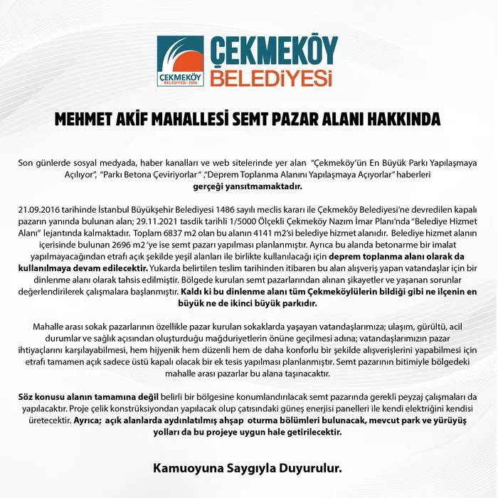 Çekmeköy Belediyesinden Çekmeköy’de park yapılaşmaya açılıyor iddialarına flaş yanıt