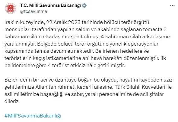MSB acı haberi duyurdu: 6 kahraman asker şehit oldu, 1 kahraman asker yaralı
