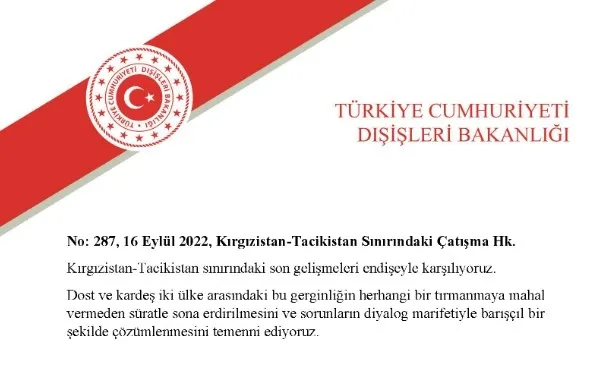 Son dakika... Türk Dışişleri Bakanlığından Kırgızistan-Tacikistan sınırındaki çatışma ile ilgili açıklama