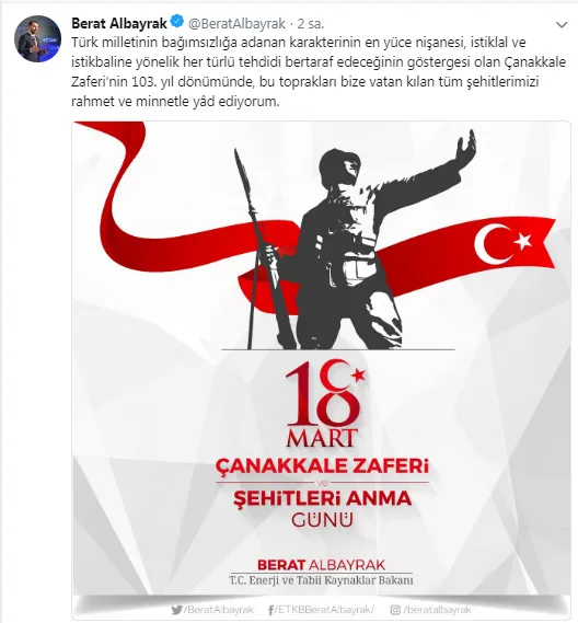 Enerji Bakanı Berat Albayrak'tan 18 Mart Çanakkale Zaferi mesajı - 1