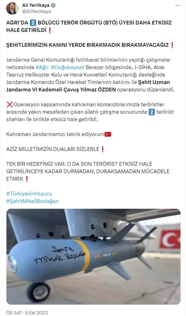 Son dakika: Ağrı’da 2 PKK’lı öldürüldü! İçişleri Bakanı Ali Yerlikaya açıkladı