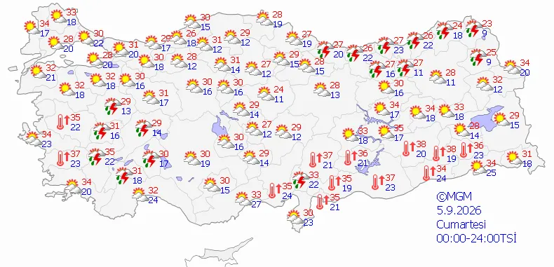 4 Eylül Cuma günü Marmara’da yerel sağanak ve gök gürültülü sağanak bekleniyor.(MGM)
