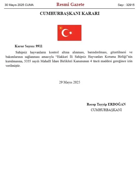 Sahipsiz Hayvanları Koruma Birliği kurulması kararı Resmi Gazete'de yayımlandı. (Ekran Görüntüsü)