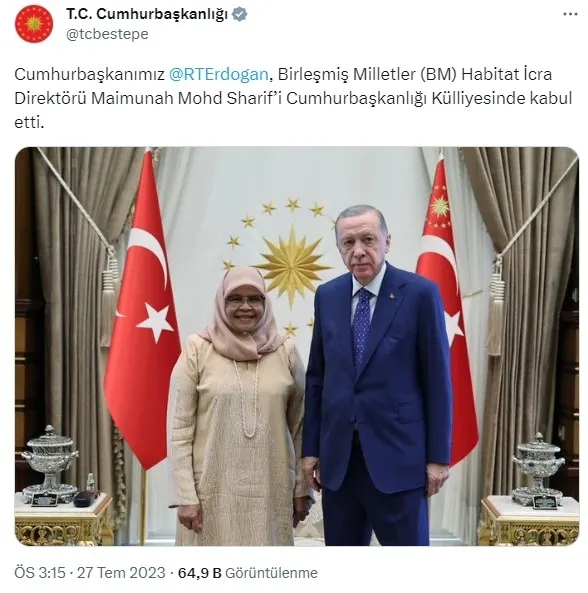 Başkan Erdoğan BM Habitat İcra Direktörü Maimunah Mohd Sharif’i kabul etti