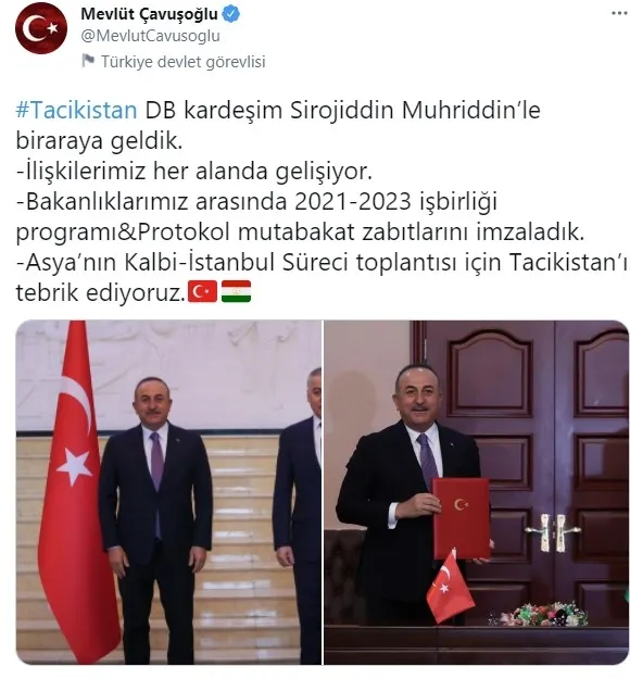 Dışişleri Bakanı Mevlüt Çavuşoğlu Tacikistanlı mevkidaşı Muhriddin ile iş birliği mutabakat zaptını imzaladı - 1