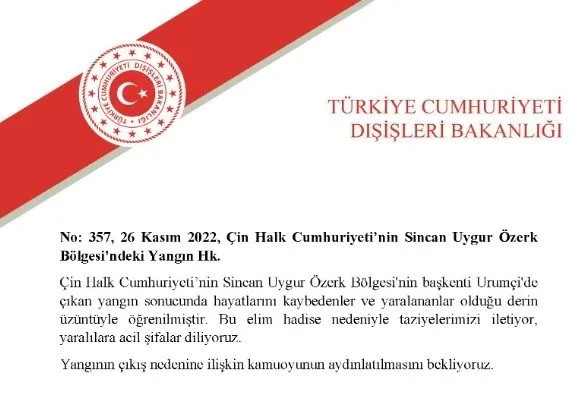 Türkiye Çin’den izahat istedi! Dışişleri Bakanlığı’ndan Sincan Uygur Özerk Bölgesi’ndeki yangında ölenler için taziye