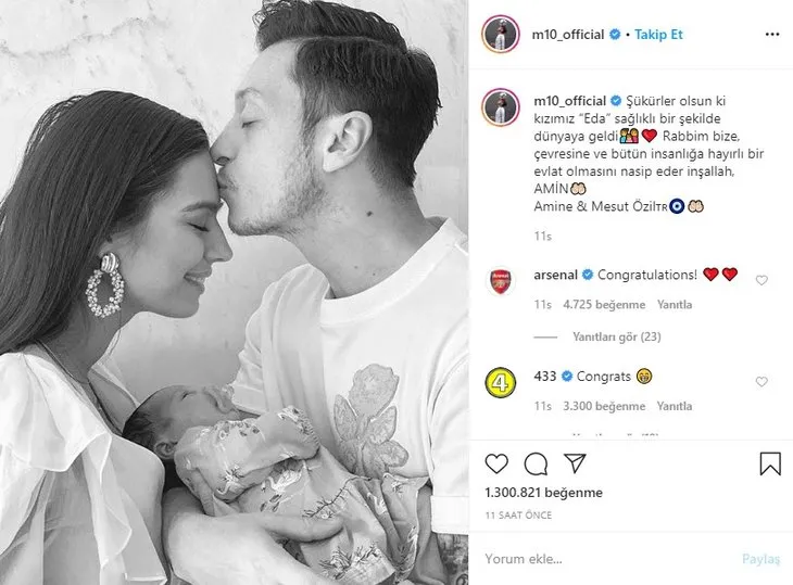 Mesut Özil ile Amine Gülşe’nin bebekleri dünyaya geldi! İlk fotoğrafını paylaştı