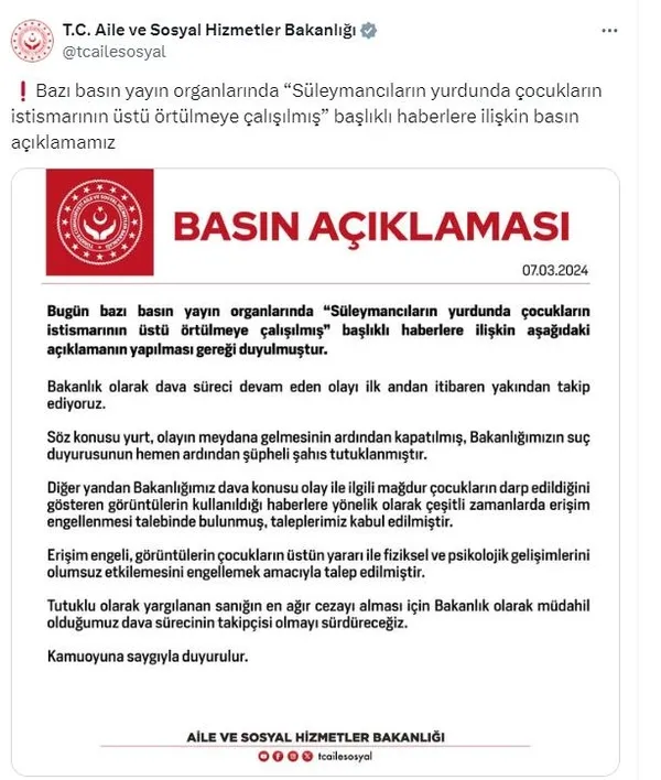 istismar-davasina-bakanliktan-aciklama-takipcisi-olacagiz-1709846767740.jpeg Yurttaki çocuklara istismar davasına bakanlıktan açıklama: ''Takipçisi olmayı sürdüreceğiz' - 1