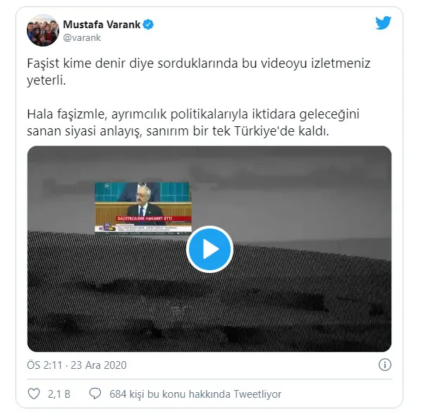 Bakan Varank Kılıçdaroğlu’na böyle tepki gösterdi: Faşist kime denir diye sorduklarında bu videoyu izletmeniz yeterli