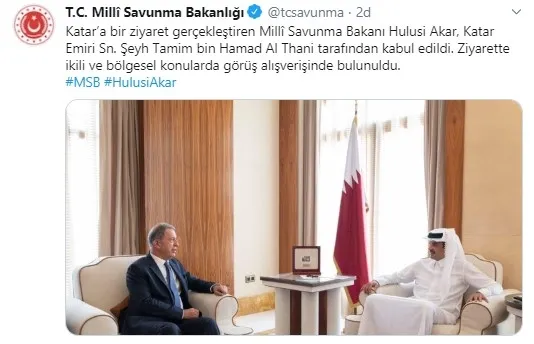 Katar Emiri Al Sani, Milli Savunma Bakanı Hulusi Akar ile görüştü