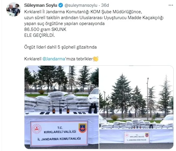 icisleri-bakanligi-kirklarelinde-865-kilo-skunk-ele-gecirildi-bakan-suleyman-soyludan-jandarmaya-tebrik-1669558216247.jpg İçişleri Bakanlığı: Kırklareli'nde 86,5 kilo skunk ele geçirildi | Bakan Süleyman Soylu'dan Jandarmaya tebrik - 1