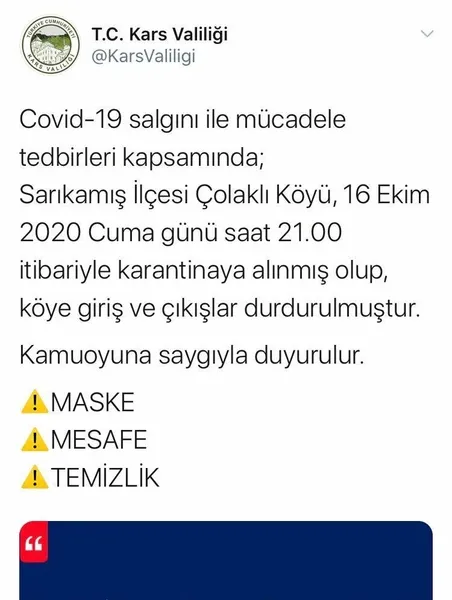 kars-sarikamis-colakli-koyu-karantinaya-alindi-1602872582441.jpg Kars Sarıkamış Çolaklı Köyü karantinaya alındı - 1