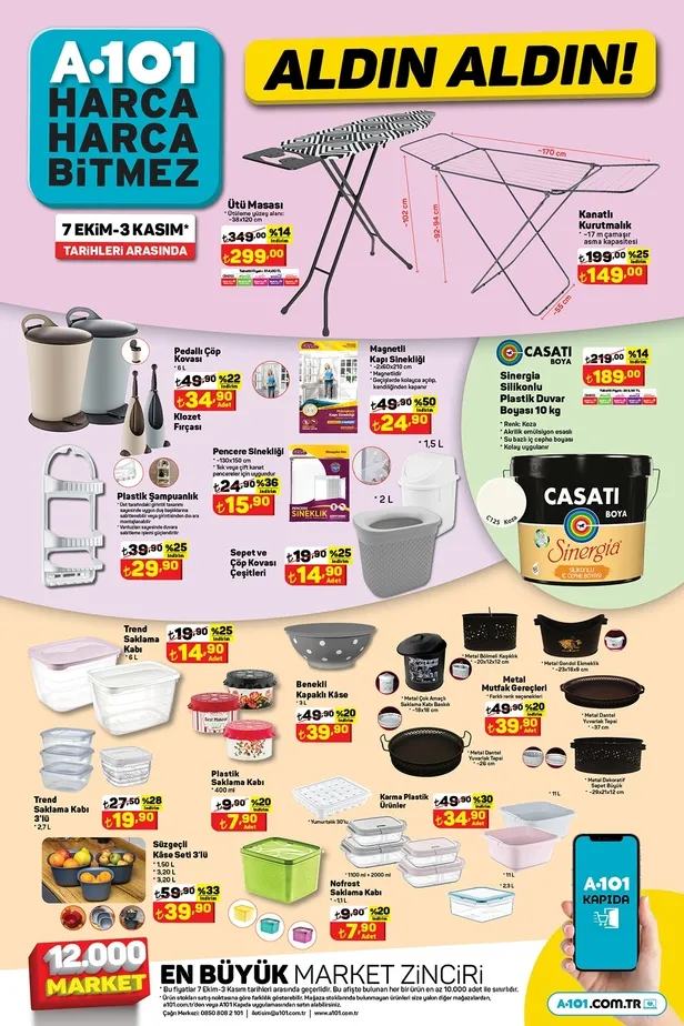 20 Ekim A101 aktüel ürünler kataloğu yayınladı! A101’de sıvı yağı 179 TL’ye, fön makinesi 349 TL’ye, sürahi 34,90 TL’ye, kitaplık 590 TL’ye satışa sunuluyor. - 16