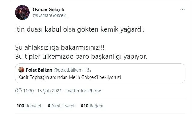 Antalya Barosu Başkanı Polat Balkan Topbaş’ın ardından Gökçek’in ölümünü istedi! Tepki yağıyor: Bu nefretle nasıl insan haklarını savunacaksınız?
