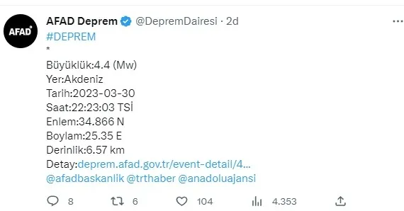 Akdeniz’de deprem mi oldu, kaç şiddetinde? 30 Mart son dakika deprem! AFAD- Kandilli son depremler!