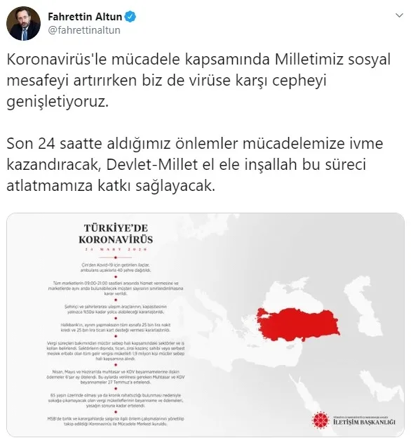 İletişim Başkanı Fahrettin Altun koronavirüse karşı son 24 saatte alınan önlemleri paylaştı - 1