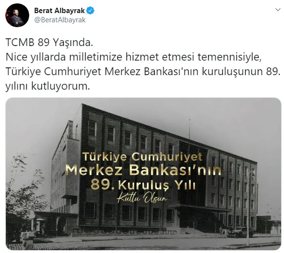 Hazine ve Maliye Bakanı Berat Albayrak’tan TCMB paylaşımı