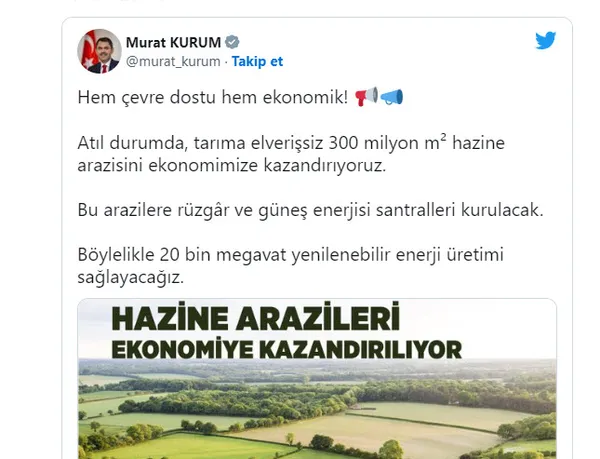 Çevre, Şehircilik ve İklim Değişikliği Bakanı Murat Kurum açıkladı! Hazine arazileri ekonomiye kazandırılıyor