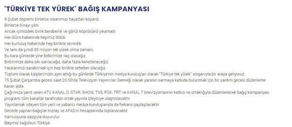 ’Türkiye Tek Yürek’ bağış kampanyası: Televizyon kanallarında yardım gecesi düzenlenecek