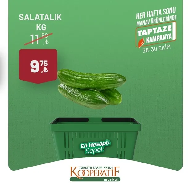 Tarım Kredi Market 30 Ekim indirim kataloğu! Kuru Soğan 5,90 TL, Salatalık 9,75 TL, Limon 10,90 TL, Yerli muz 28,90 TL, Mandalina 12,50 TL satışta…