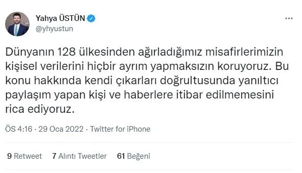 Seyahat bilgilerinin THY tarafından servis edildiğini söyleyen Murat Ongun’a THY’den yalanlama: İtibar etmeyin