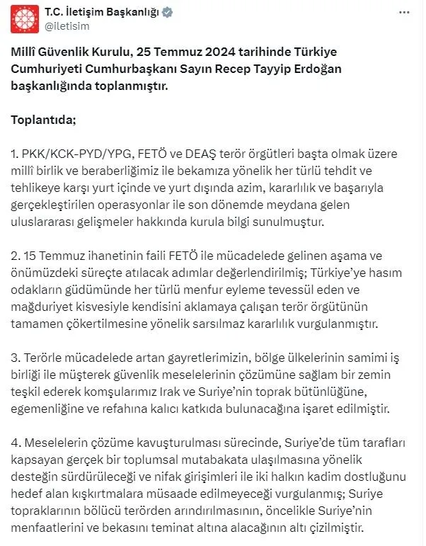 9 maddelik MGK bildirisi açıklandı! Terörle mücadele vurgusu: Suriye terörden arındırılmalı | Gazze mesajı: İsrail durdurulmalı