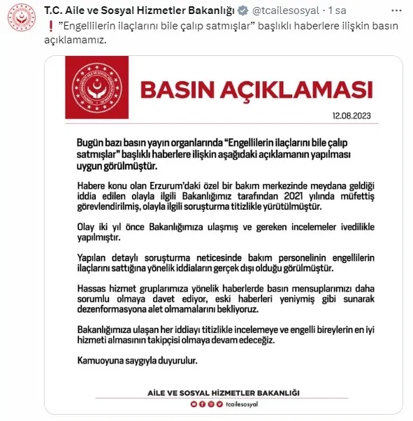 aile-ve-sosyal-hizmetler-bakanligindan-engellilerin-ilaclarinin-calinip-satildigi-iddiasina-iliskin-aciklama-1691862471510.jpg Aile ve Sosyal Hizmetler Bakanlığından "engellilerin ilaçlarının çalınıp satıldığı" iddiasına ilişkin açıklama - 1