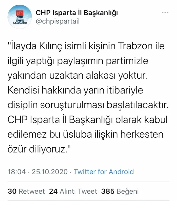 CHP Isparta İl Gençlik Kolları Başkan Yardımcısı İlayda Kılınç’ın skandal paylaşımına tepkiler büyüyor