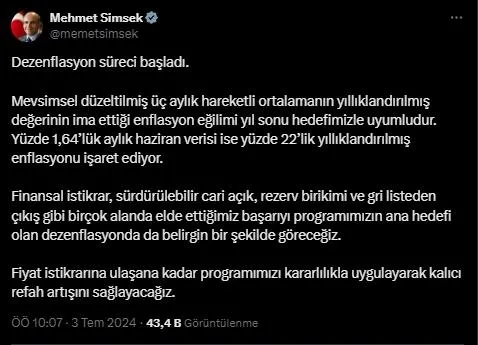 Enflasyonda yıllık bazda düşüş başladı! TÜİK Haziran 2024 dönemi enflasyon oranını açıkladı | Bakan Mehmet Şimşek’ten ilk değerlendirme