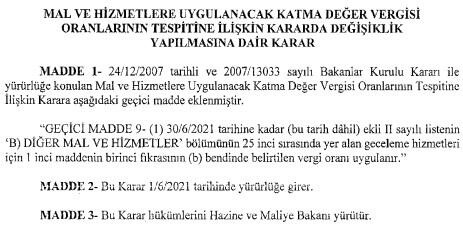 Son dakika: Karar Resmi Gazete’de! Geceleme hizmetinde KDV oranı yüzde 1 olarak devam edecek