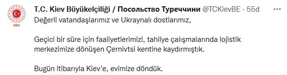 Son dakika: Türk Büyükelçiliği Kiev’e geri taşındı
