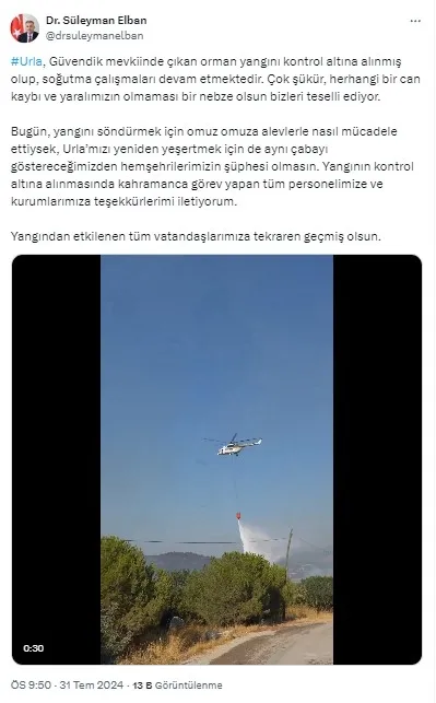 İzmir Valisi Süleyman Elban'ın sosyal medya paylaşımı.