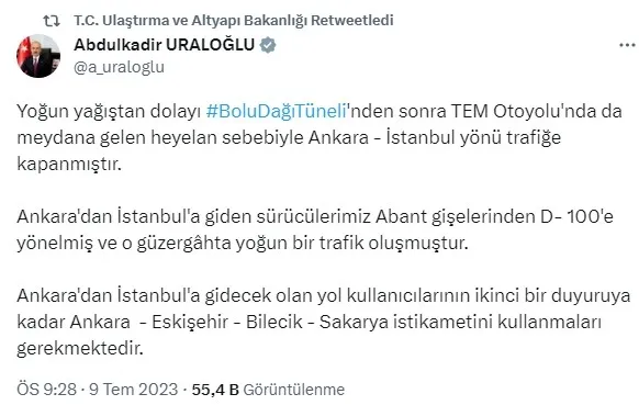 TEM Otoyolu’nda heyelan! Ankara - İstanbul yönü trafiğe kapandı | Ulaştırma Bakanı Abdulkadir Uraloğlu: Araçlar için önlem aldık