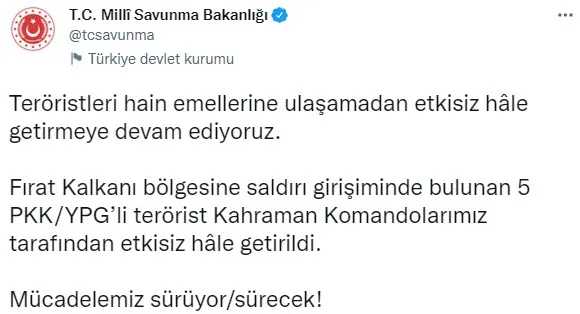 Son dakika: Fırat Kalkanı bölgesine saldırı girişiminde bulunan 5 terörist etkisiz hale getirildi - 1