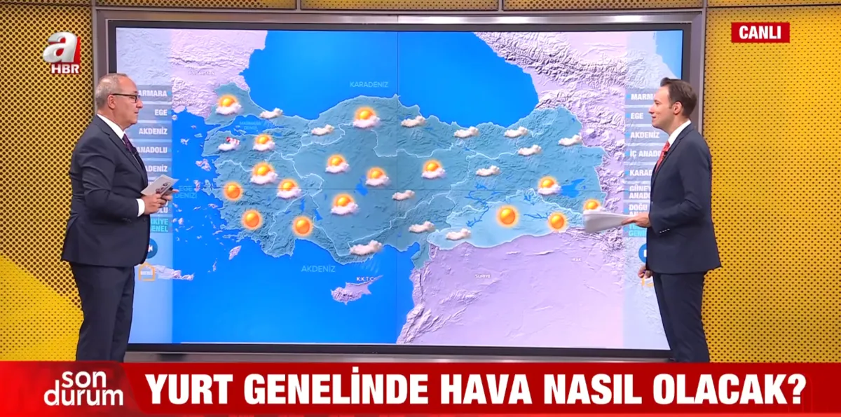 hafta-sonu-hava-durumu-kuvvetli-yagis-ve-firtina-uyarisi-1786689761603.png YAĞIŞ DOĞU ANADOLU VE AKDENİZ'E UZANIYOR Yağışlı sistem Doğu Anadolu’nun kuzeyi ile Doğu Akdeniz’de etkisini gösterirken Erzurum, Ağrı, Hatay, Adana, Kahramanmaraş ve Osmaniye yağış beklenen iller arasında yer alıyor.