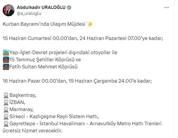 ulastirma-ve-altyapi-bakani-abdulkadir-uraloglu-duyurdu-kurban-bayraminda-ulasim-mujdesi-1718469198173.jpeg Bakan Uraloğlu duyurdu! Kurban Bayramı’nda ulaşım müjdesi: Ücretsiz olacak | İşte ulaşımın ücretsiz olacağı yerler... - 1