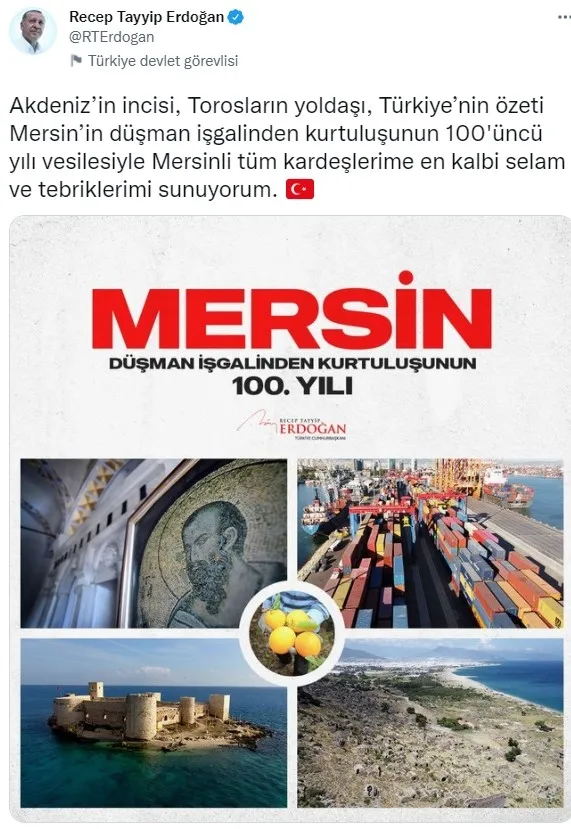 Başkan Erdoğan Mersin'in düşman işgalinden kurtuluşunun yıl dönümünü kutladı - 1