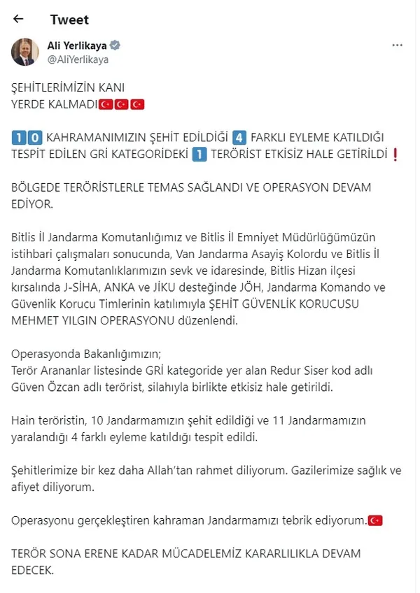 Son dakika | İçişleri Bakanı Yerlikaya açıkladı: 10 şehidimizin kanı yerde kalmadı - 1