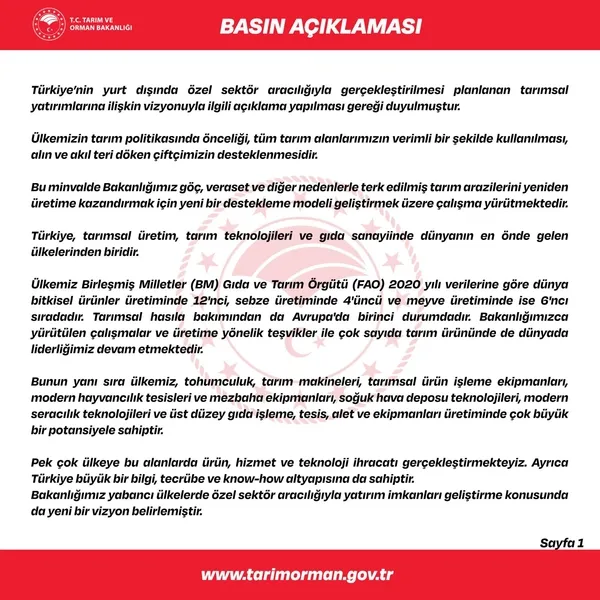 Tarım ve Orman Bakanlığı: Türkiye Cumhuriyeti Devleti adına yurt dışında arazi kiralanması söz konusu değildir - 1
