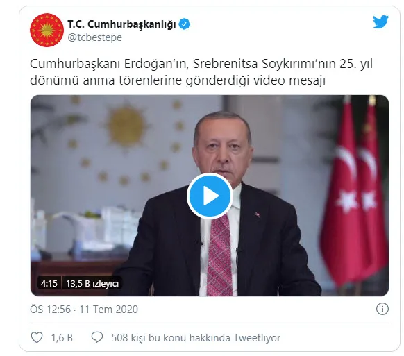 Son dakika: Başkan Erdoğan’dan Srebrenitsa Soykırımı mesajı: Bugün tarihin acı ve utanç sayfalarından biri!