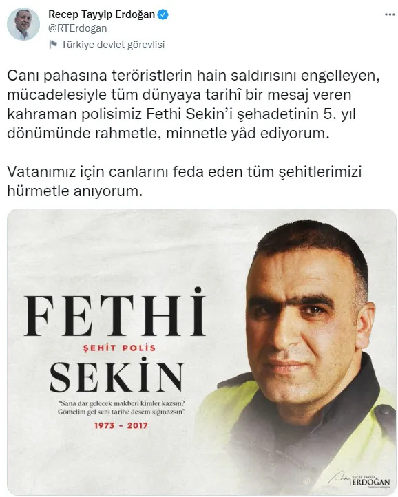 Başkan Erdoğan’dan şehit Fethi Sekin paylaşımı