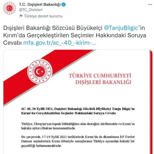 Dışişleri Bakanlığı: Kırım'daki Duma seçimlerinin Türkiye açısından hukuki geçerliliği yok - 1