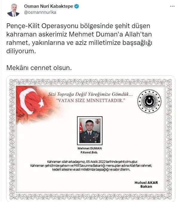 MSB: Pençe Kilit’te Binbaşı Mehmet Duman şehit oldu