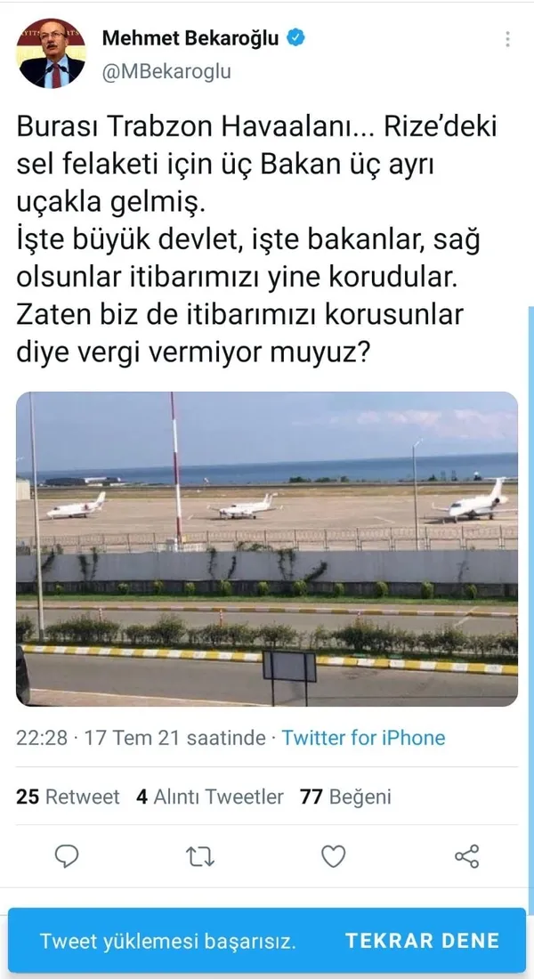1626553780795.jpg CHP İstanbul Milletvekili Mehmet Bekaroğlu "Üç bakan Rize'ye üç ayrı uçakla gitti" yalanına ortak oldu: Paylaşımı silmesine rağmen özür dilemedi - 2