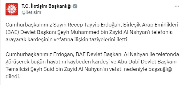 Başkan Erdoğan’dan BAE Devlet Başkanı’na taziye telefonu!