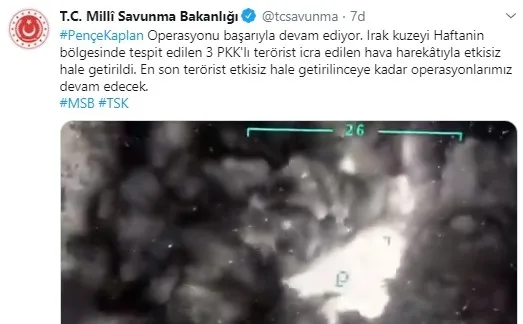 Son dakika: MSB: Pençe-Kaplan Operasyonu’nda 3 PKK’lı öldürüldü